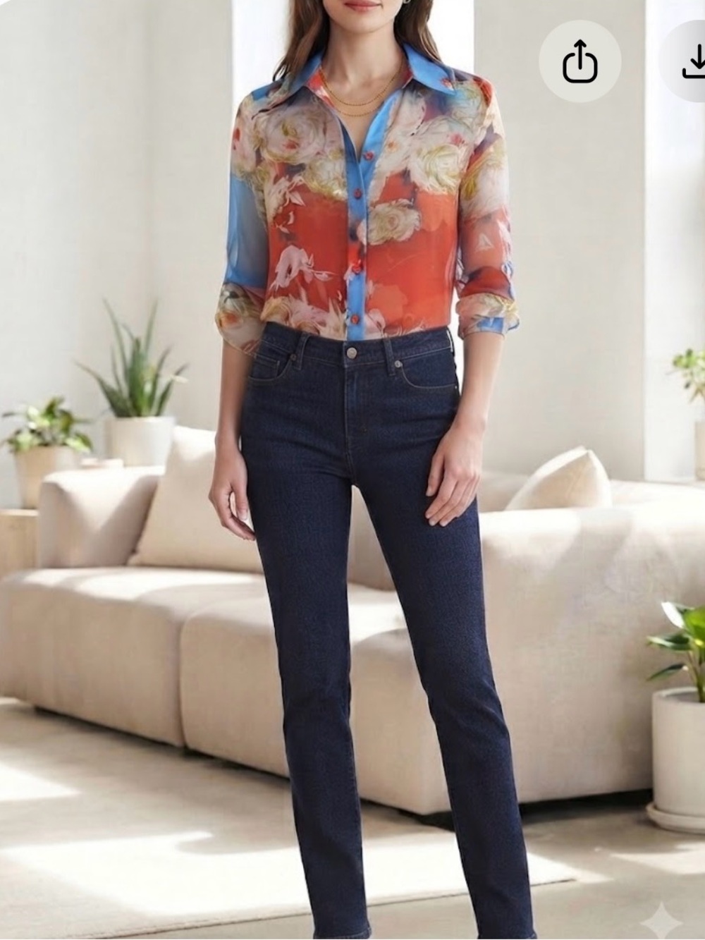 Geri C. Sheer Floral Button-Front Blouse - Blue & Red